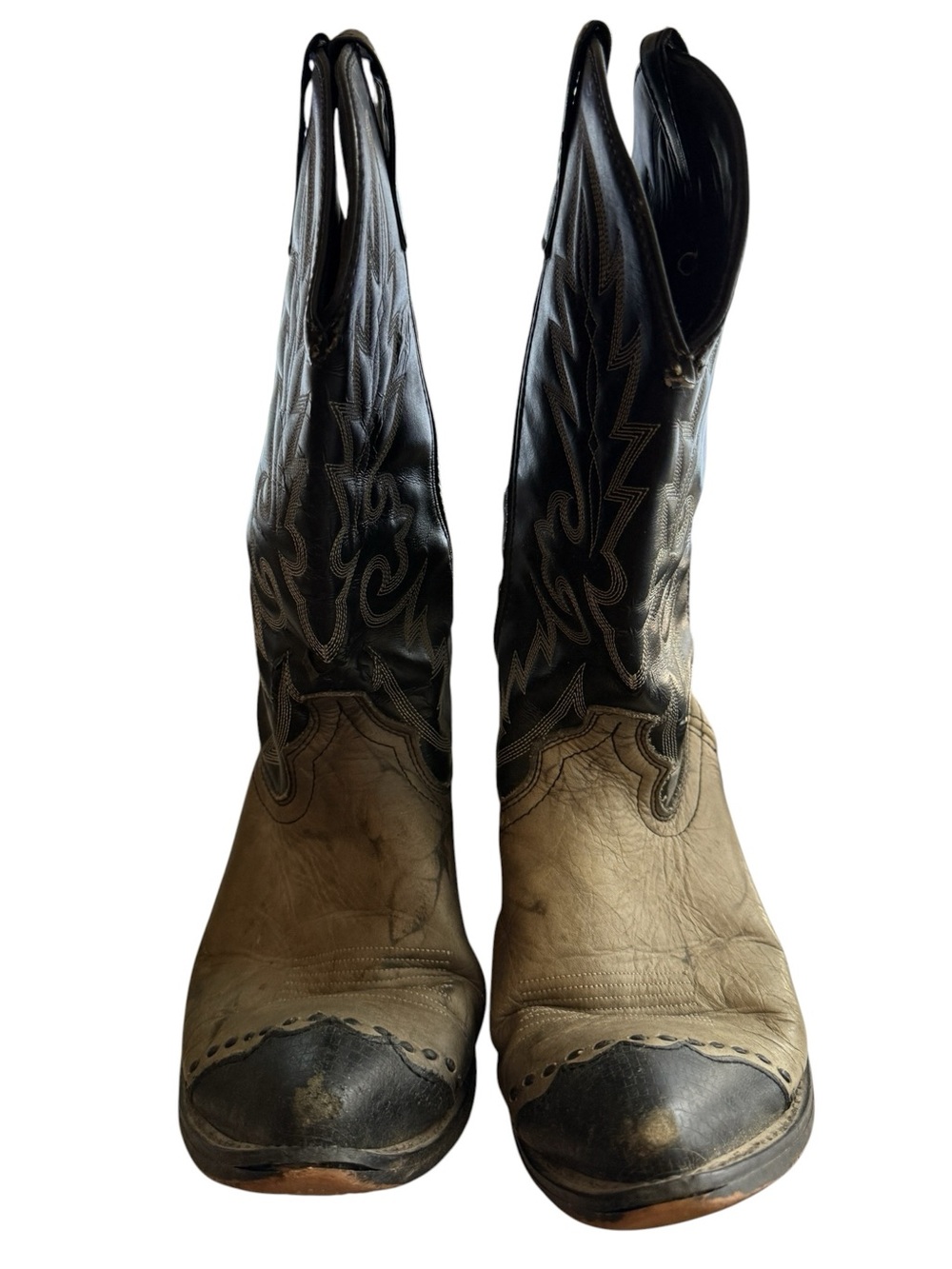 Vintage Laredo Men’s 12D Two Tone Leather Cowboy Western Boots Black Tan Cap Toe - Picture 3 of 9